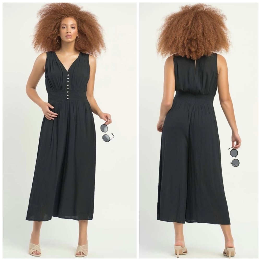 Dex Black Sleeveless Button-Front Wide-Leg Jumpsuit